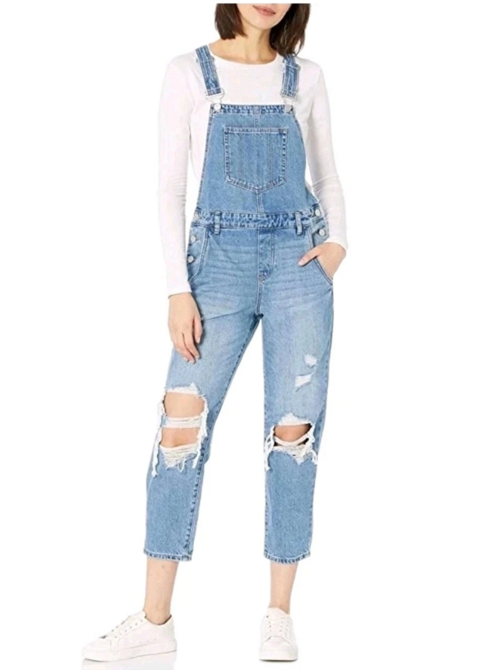 Blanknyc Blue Denim Bib Overalls Jean Busted Knees Distressed Sz 27 34/26" Nwt